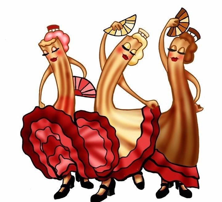 Three anthropomorphic churras dressed as flamenco dancers with ruffled red and pink skirts and handheld fans, lifting their skirts.